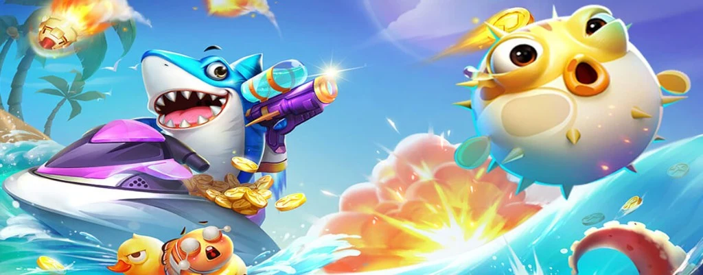 Cartoon ocean scene — shark on jet ski and pufferfish — 789WIN fish shooting games